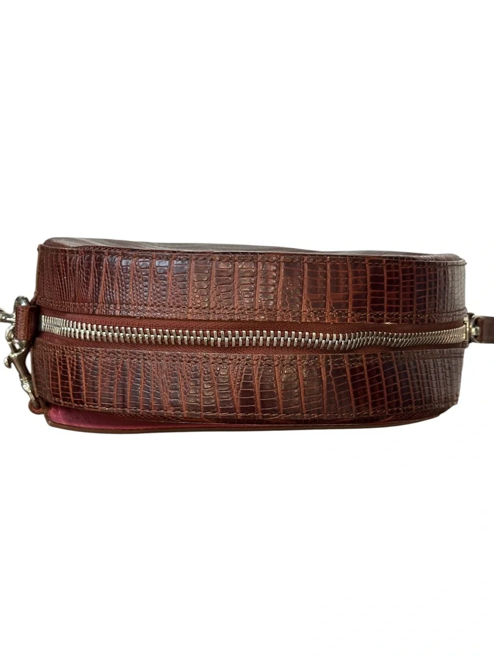 Little Liffner Croc-Embossed Leather Tambourine Circular Crossbody Cognac Brown